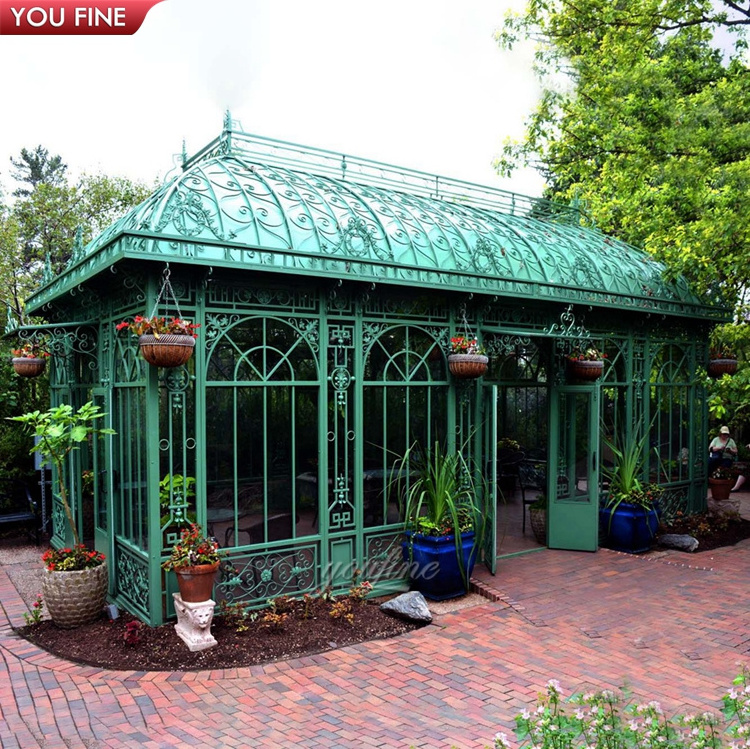 Park Decor Wrought Iron Gazebo with Glass Victorian Greenhouse Iron Gazebo