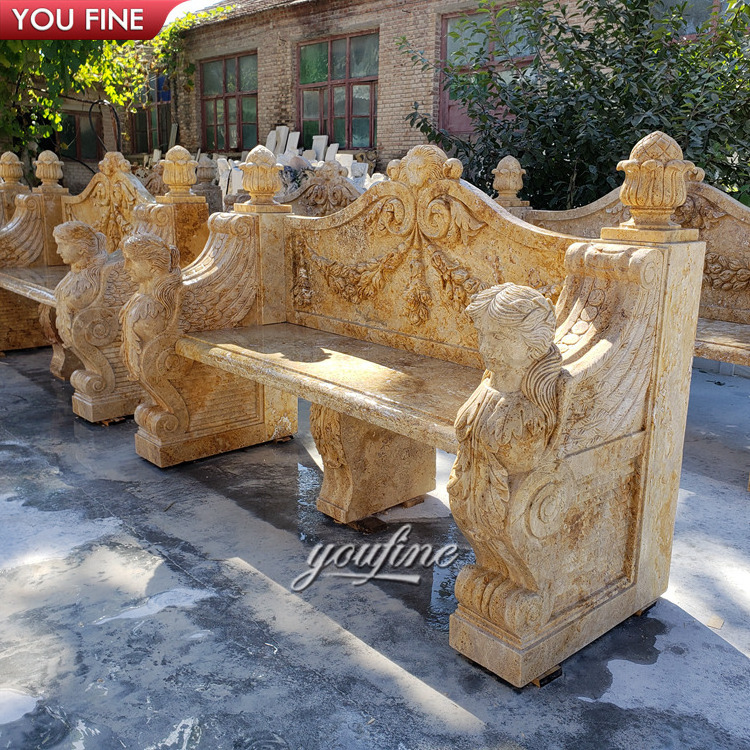 Outdoor Garden Hand Carved Beige Outdoor Marble Bench