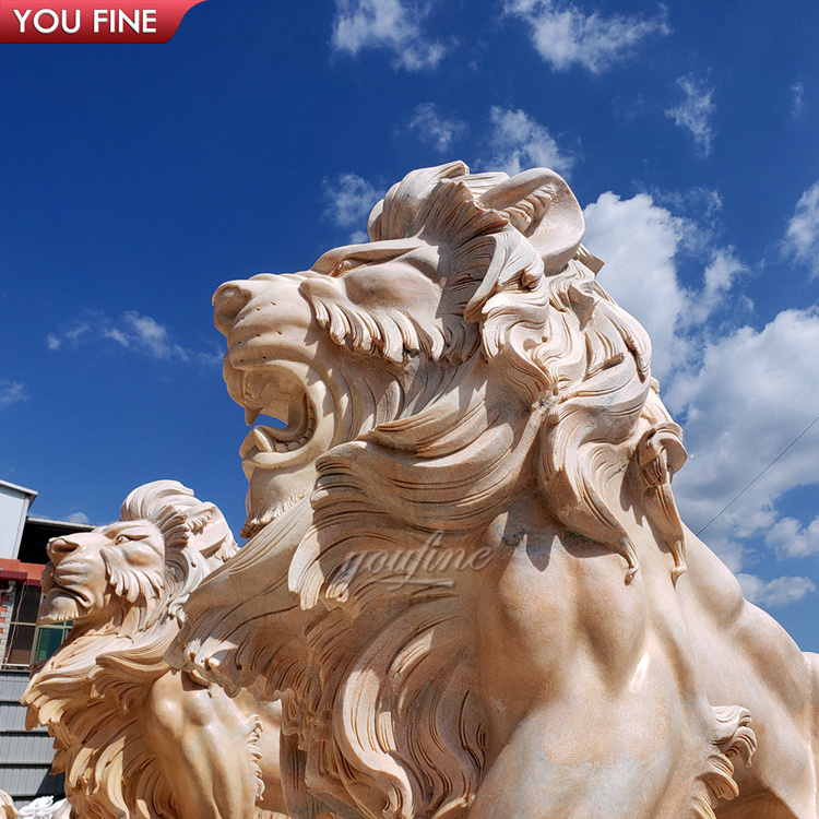 Customized Outdoor Hand Carved Natural Stone Animal Statue Beige Marble Lion Sculpture