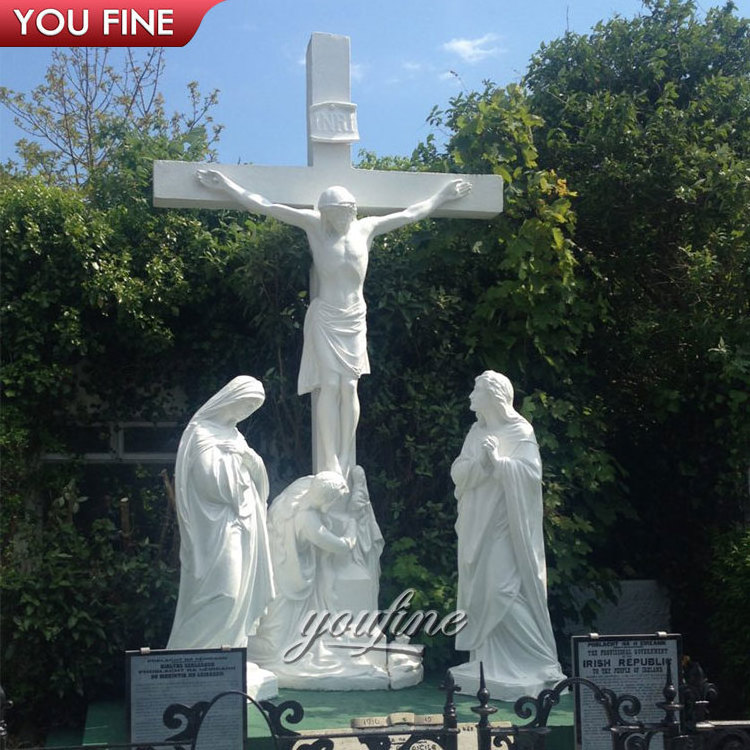 Outdoor Craft Art White Marble Cross Religious Crucifixion Scupture Jesus Statue