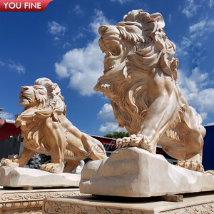 Customized Outdoor Hand Carved Natural Stone Animal Statue Beige Marble Lion Sculpture