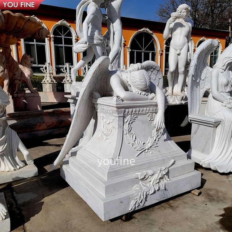 White Marble Angel Sitting Bench Memorial Tombstone