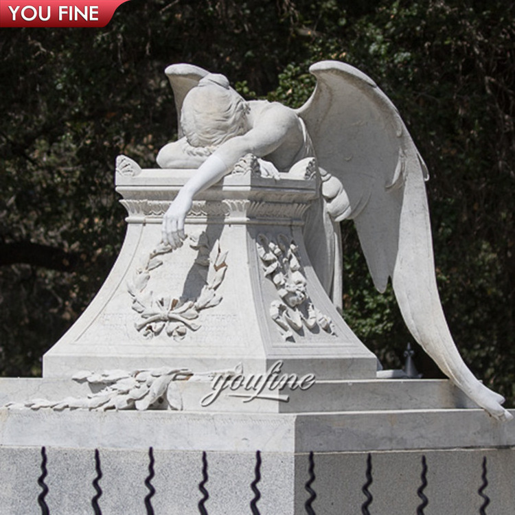 Hand Carved White Marble Funeral Slab Tombstone with Crying Angel Wing Headstone Statue