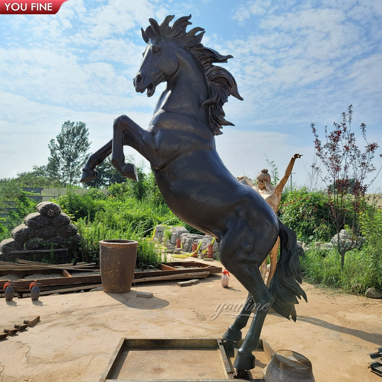 Outdoor Garden Life Size Bronze Black Horse Jumping Standing Statue Sculpture