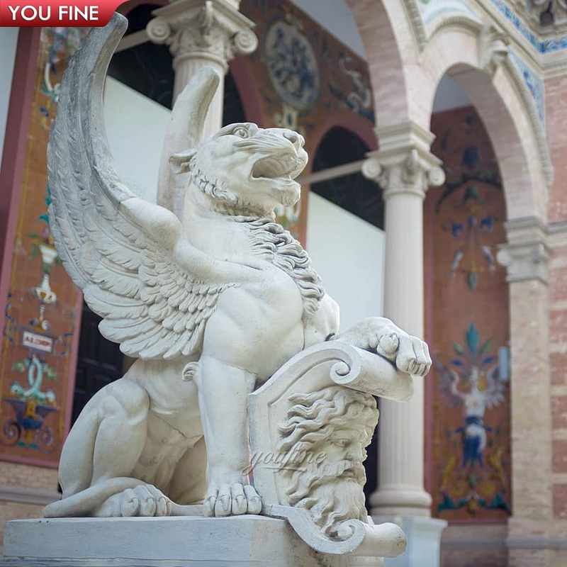 Carving Stone Winged Lion Garden Statue With Column Planter