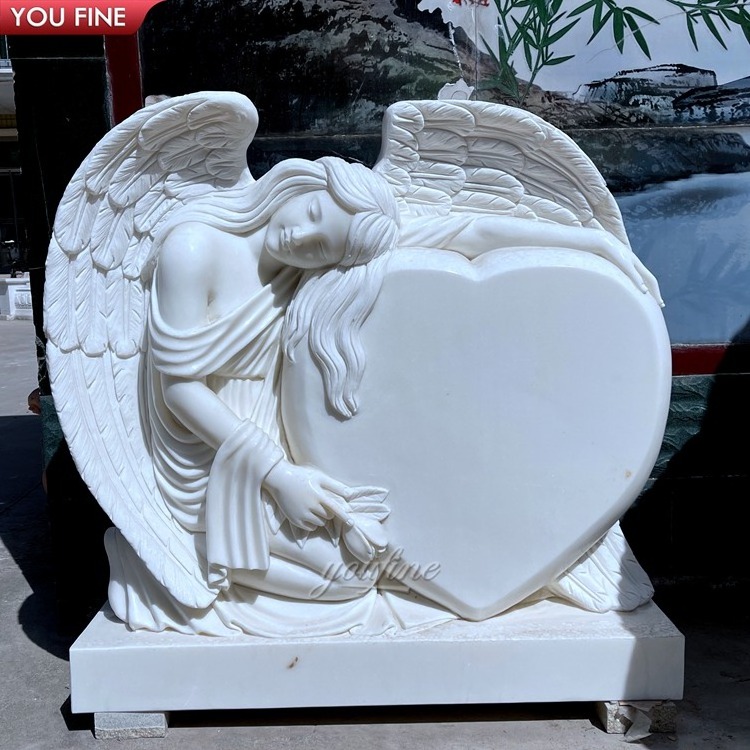 Outdoor White Marble Double Angel Heart Shaped Statue Headstone