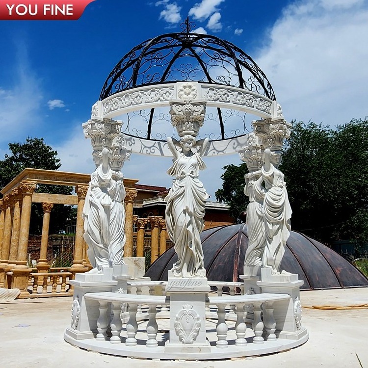 White Marble Round Outdoor Gazebo With Metal Roof