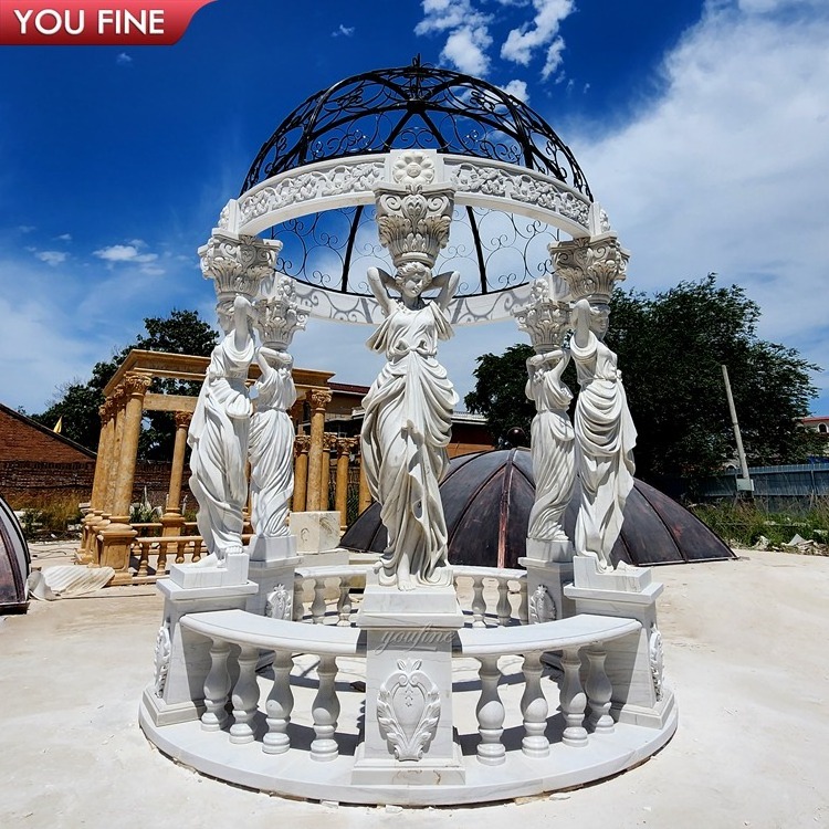 White Marble Round Outdoor Gazebo With Metal Roof