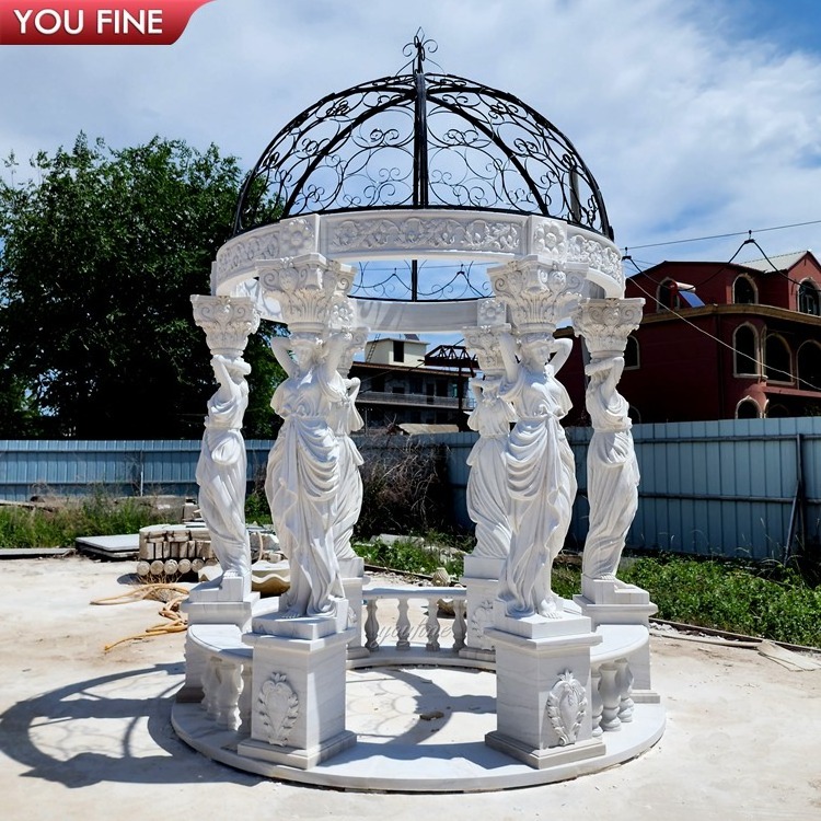 White Marble Round Outdoor Gazebo With Metal Roof