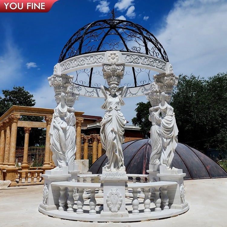 White Marble Round Outdoor Gazebo With Metal Roof