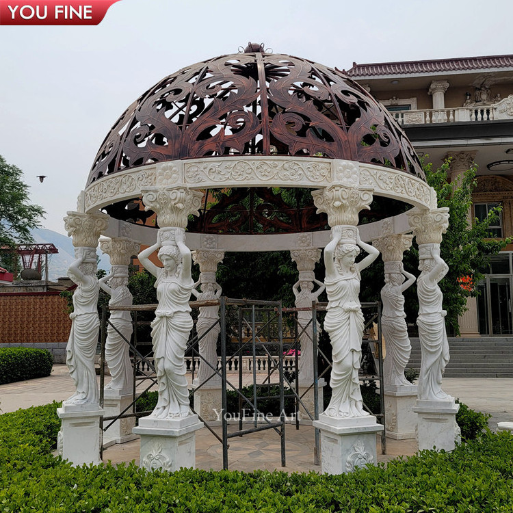 Outdoor Garden Greek Style Natural White Column Stone Gezebo Marble Pergola with Figure Statue