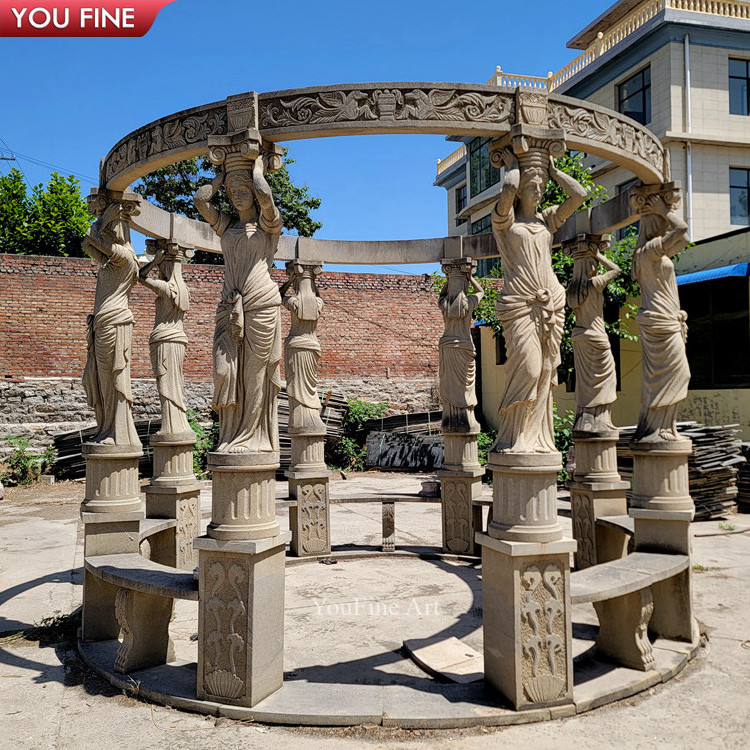 Outdoor Garden Greek Style Natural White Column Stone Gezebo Marble Pergola with Figure Statue