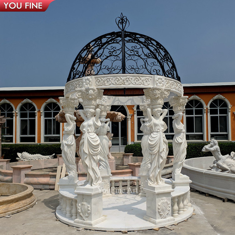 Outdoor Garden Greek Style Natural White Column Stone Gezebo Marble Pergola with Figure Statue