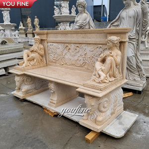 Outdoor Garden Hand Carved Beige Outdoor Marble Bench