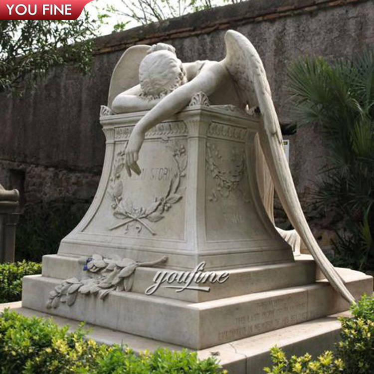 Hand Carved White Marble Funeral Slab Tombstone with Crying Angel Wing Headstone Statue