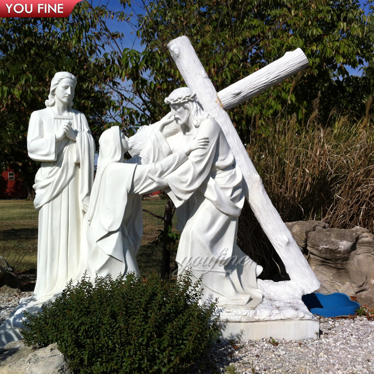 Outdoor Craft Art White Marble Cross Religious Crucifixion Scupture Jesus Statue