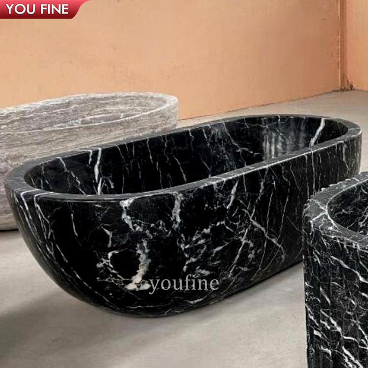 Custom Hand Carved Freestanding Marble Black Bathtub