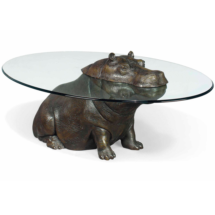 Modern Animal Statue Base Bronze Hippo Coffee Table