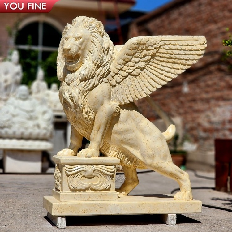 Carving Stone Winged Lion Garden Statue With Column Planter