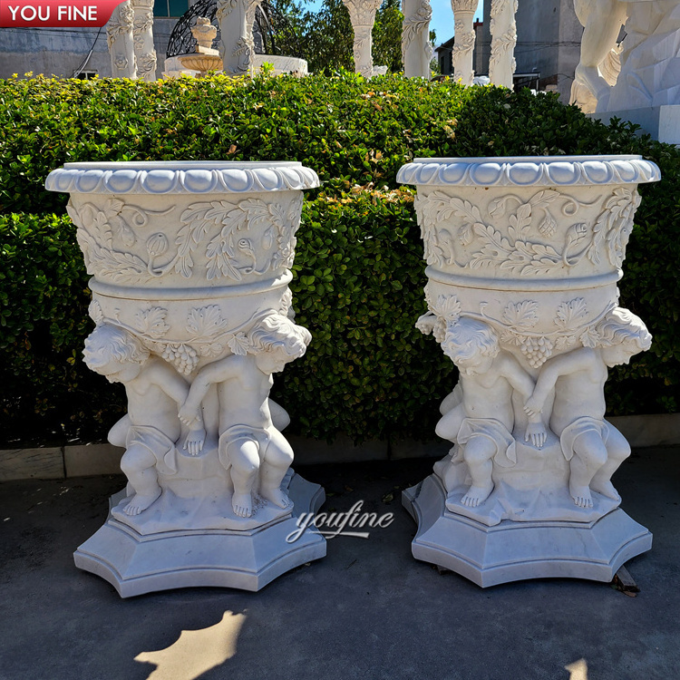 Outdoor Garden Carving Natural Stone Large Marble Flower Pots with Goat Head