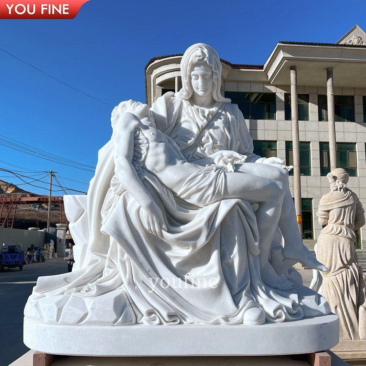 Church Religious Natural Stone Hand Carved White Marble Pieta Statue Sculpture