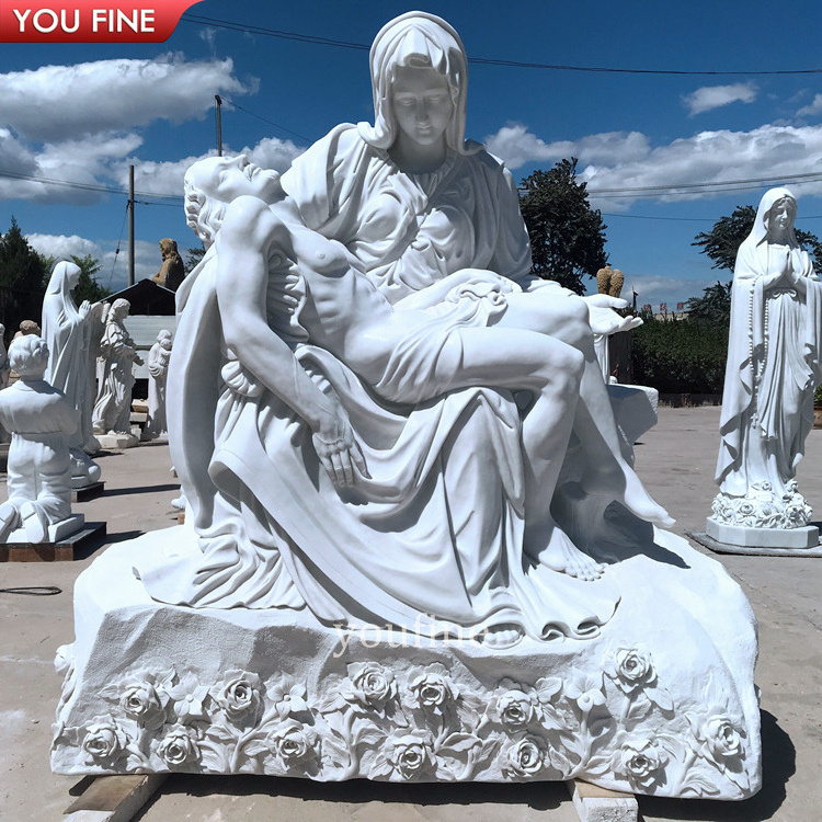 Church Religious Natural Stone Hand Carved White Marble Pieta Statue Sculpture