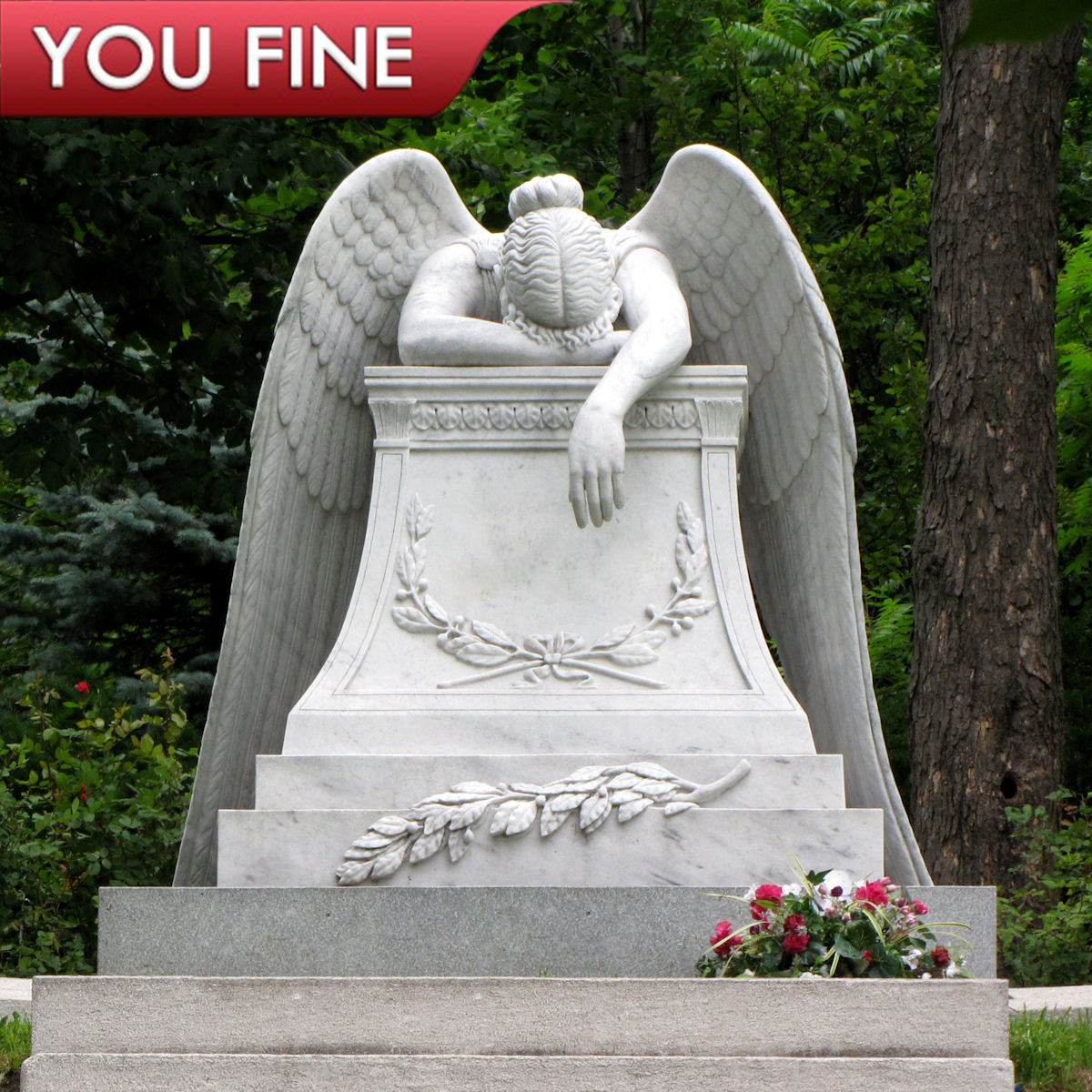 Hand Carved White Marble Funeral Slab Tombstone with Crying Angel Wing Headstone Statue