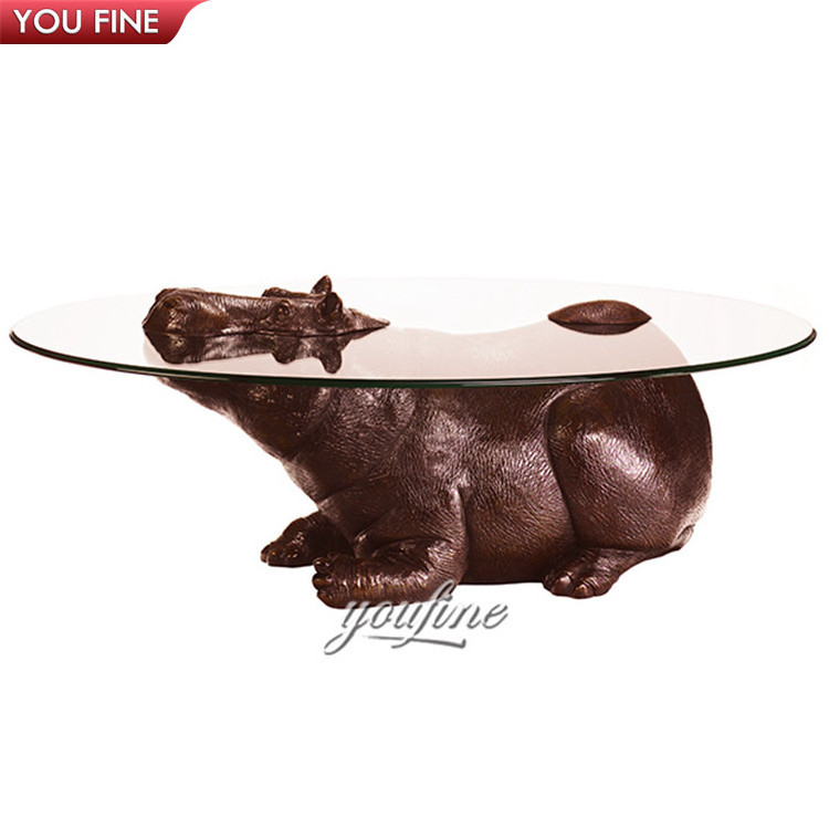 Modern Animal Statue Base Bronze Hippo Coffee Table