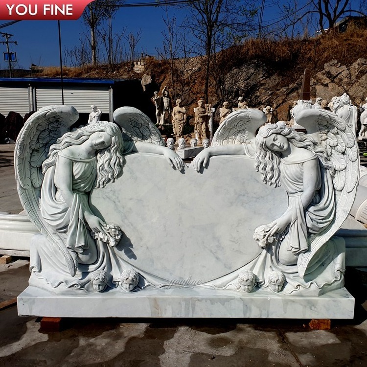 Outdoor White Marble Double Angel Heart Shaped Statue Headstone