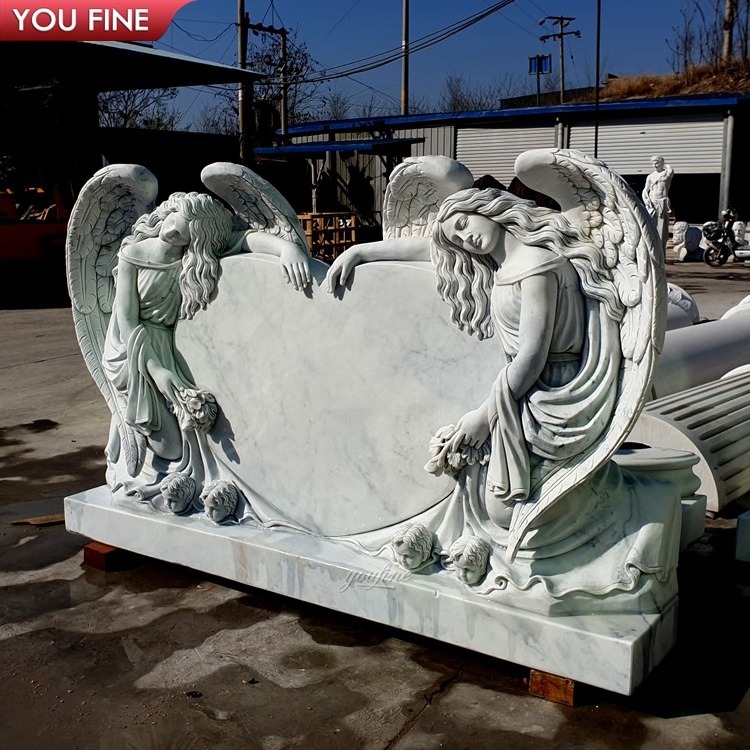 Outdoor White Marble Double Angel Heart Shaped Statue Headstone