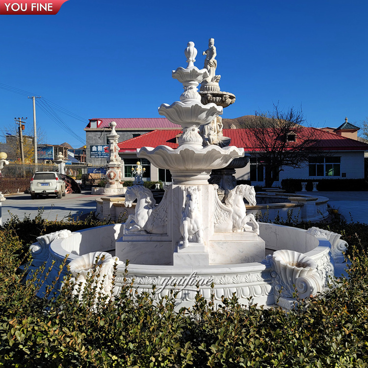 Outdoor Garden Natural Stone Carving Large White Marble Horse Water Fountain