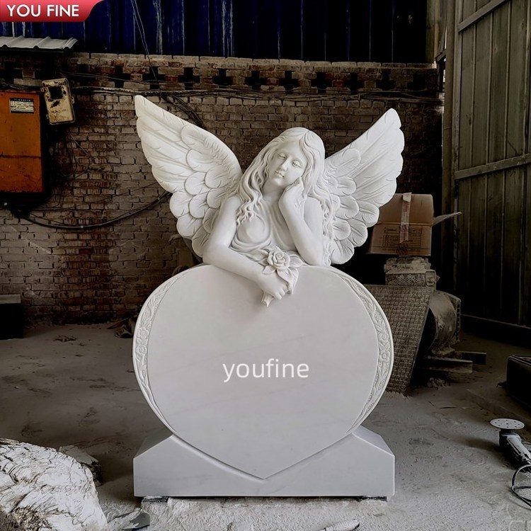 White Marble Angel Sitting Bench Memorial Tombstone