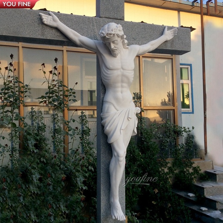 Outdoor Craft Art White Marble Cross Religious Crucifixion Scupture Jesus Statue