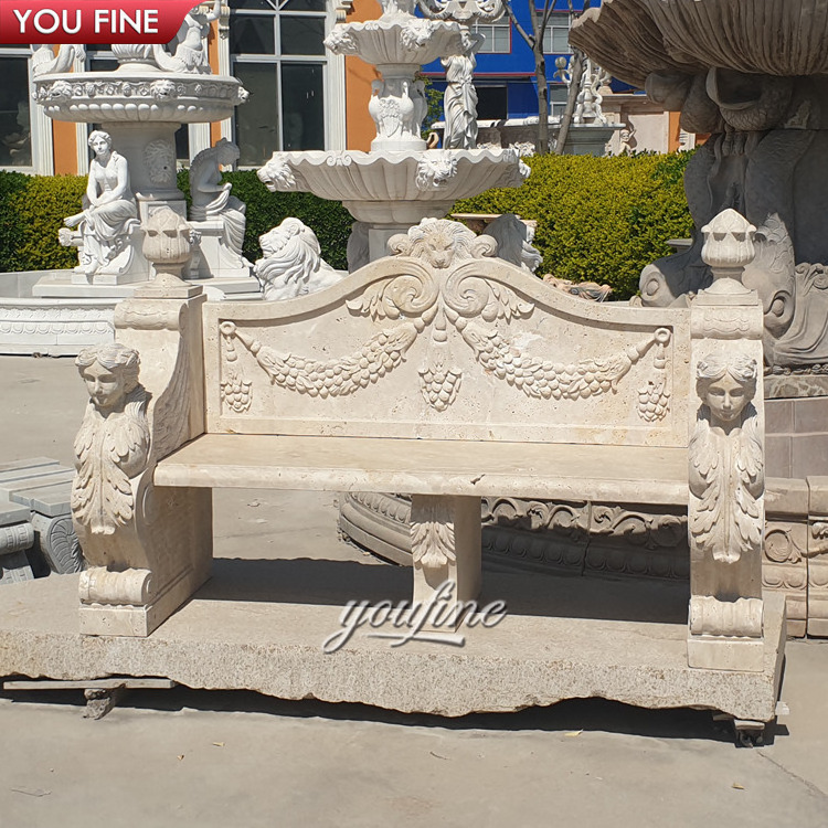 Outdoor Garden Hand Carved Beige Outdoor Marble Bench