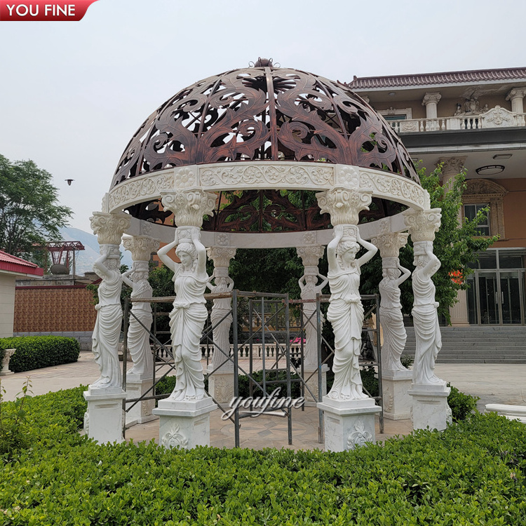 Outdoor Dome Hand Carved Garden Natural Stone Gazebo with Lady Statue