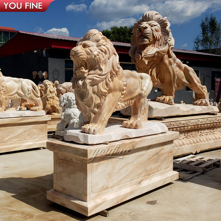 Customized Outdoor Hand Carved Natural Stone Animal Statue Beige Marble Lion Sculpture