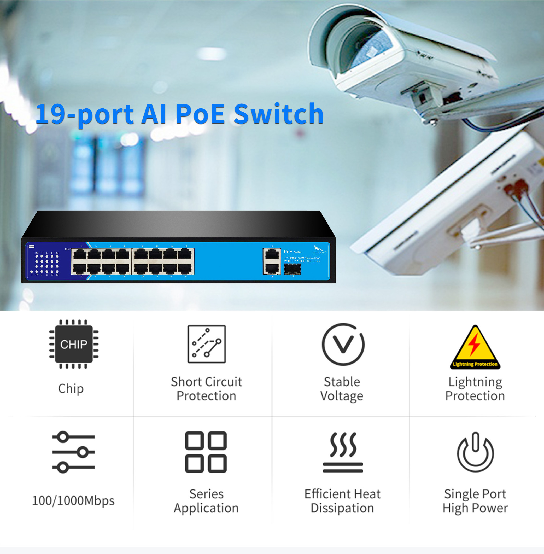 AI  Managed 19  port Gigabit poe Network Switch For CCTV IP Camera  industrial management switch