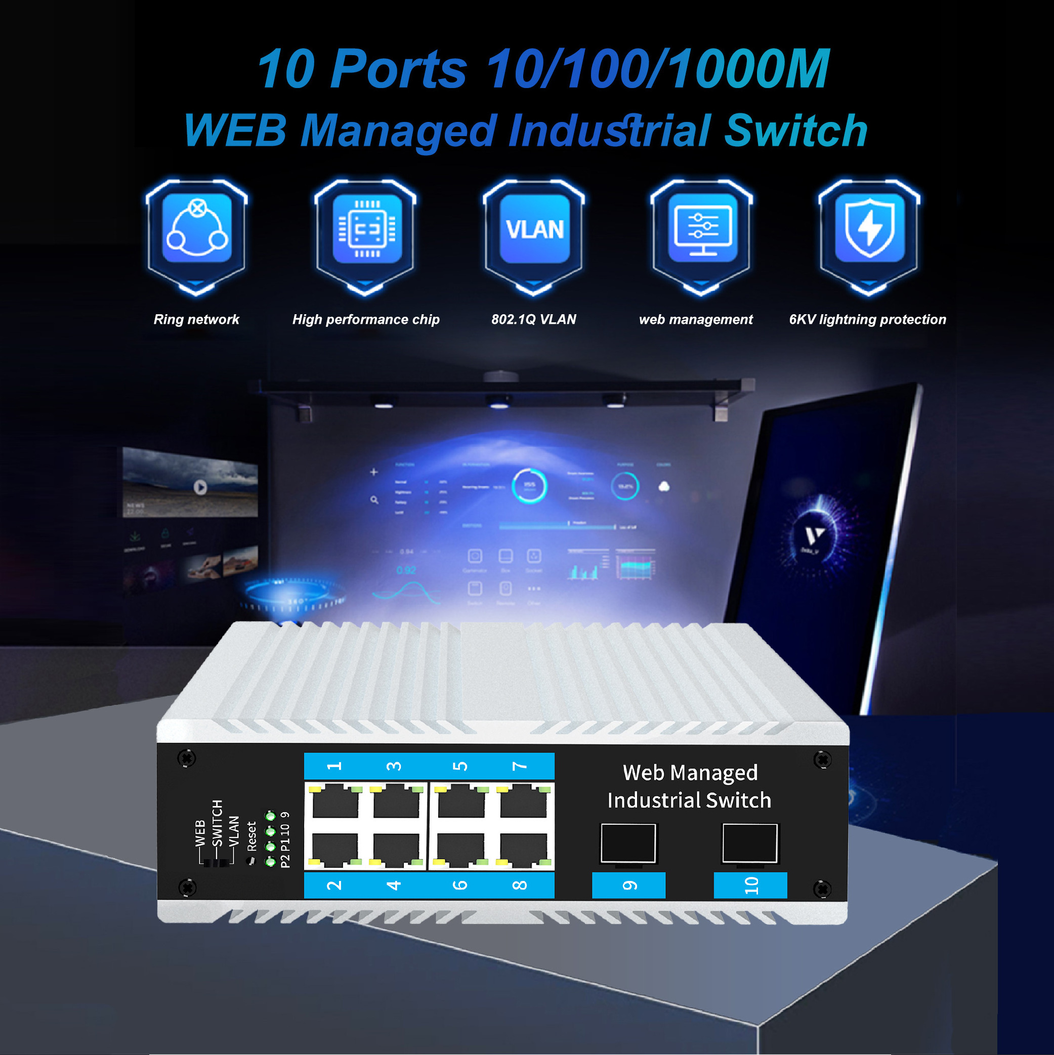 Multi-function switch Full Gigabit L2+ management 10-port Poe 2-port Sfp switch supports Vlan Qos in office buildings