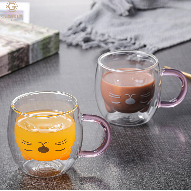 Cat Shaped Double Wall Cup Insulated Glass Cup With Pink Handle Milk Coffee Tea Cup