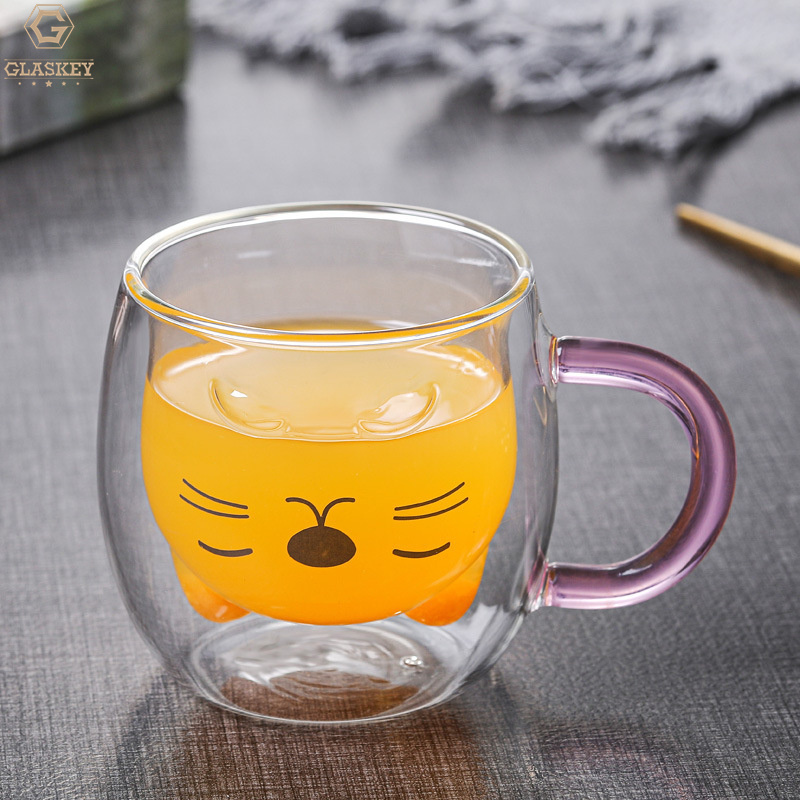 Cat Shaped Double Wall Cup Insulated Glass Cup With Pink Handle Milk Coffee Tea Cup