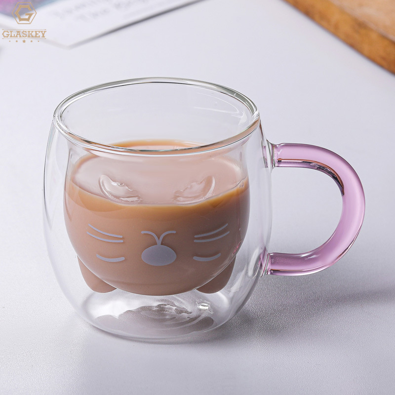 Cat Shaped Double Wall Cup Insulated Glass Cup With Pink Handle Milk Coffee Tea Cup