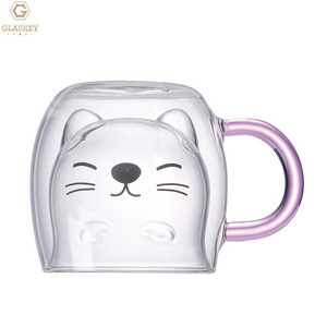 Cat Shaped Double Wall Cup Insulated Glass Cup With Pink Handle Milk Coffee Tea Cup