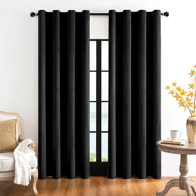 Bedroom 100% Blackout Ready Made Velvet Material Curtains, Top Grommet Window Curtain for Living Room black