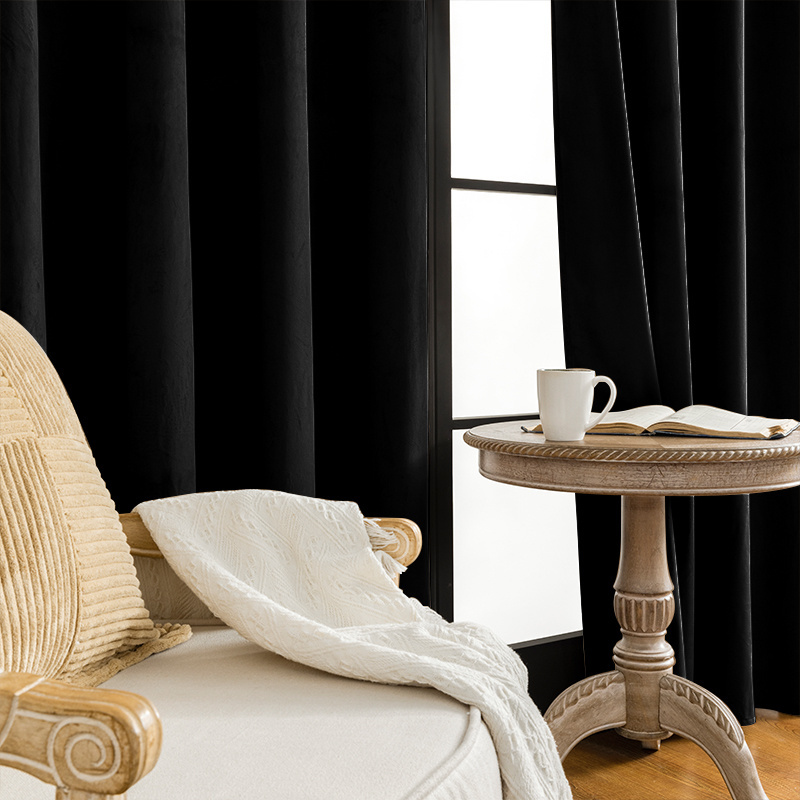 Bedroom 100% Blackout Ready Made Velvet Material Curtains, Top Grommet Window Curtain for Living Room black