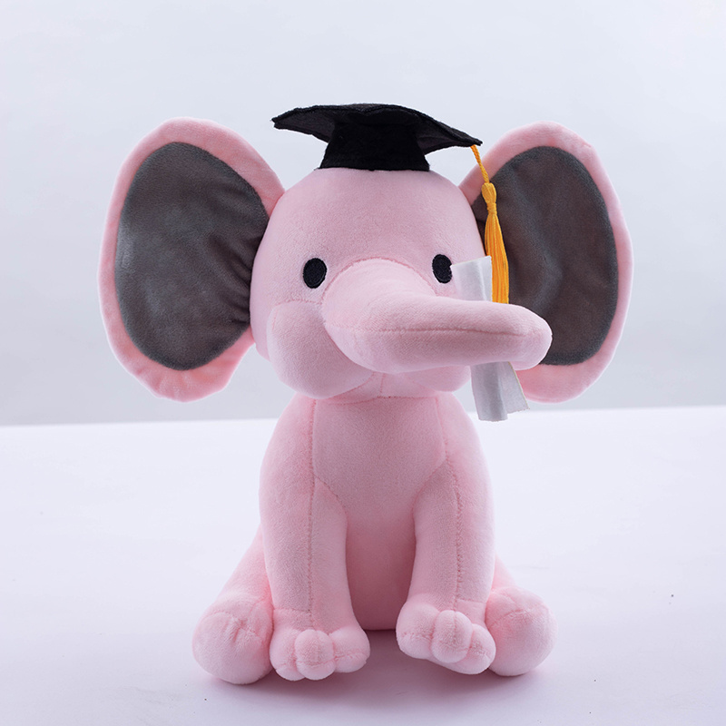 Custom 25CM Plush Pink Grey Graduation Elephant Stuffed Animals With Big Ears Toys For Students