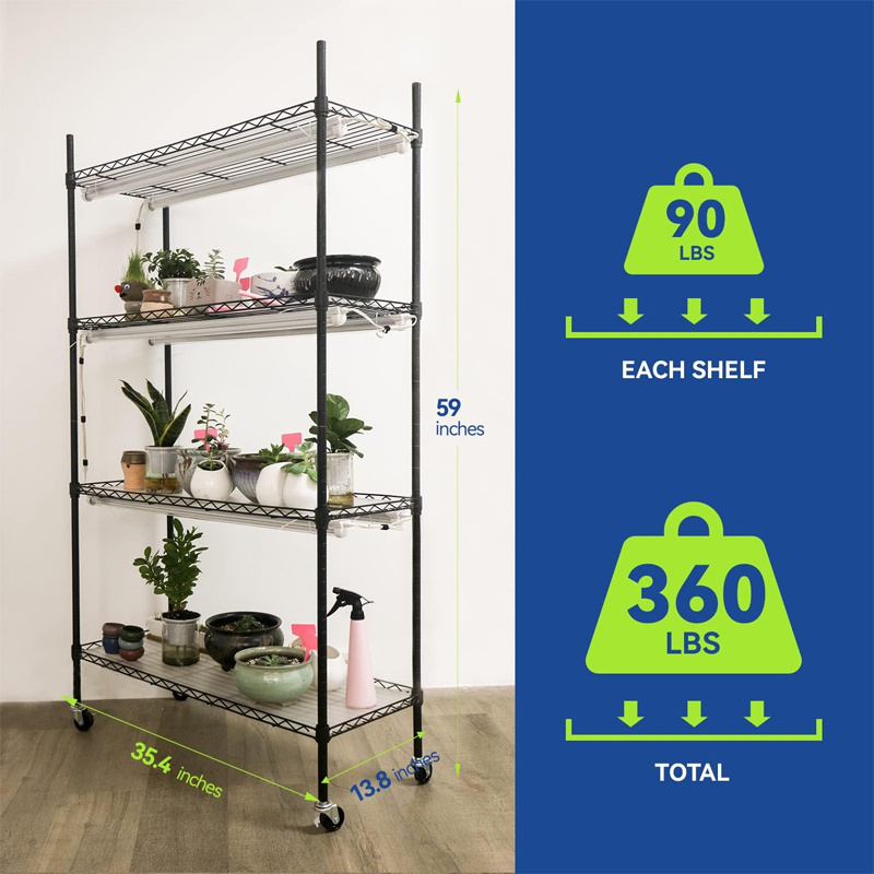 Heavy Duty Metal Rack with Wheels for Indoor Plants  Powder Coated Industrial Wire Shelves  Metal Wire  Shelf With Caster Wheel