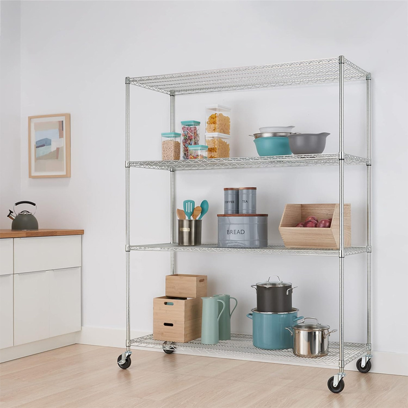 Factory use heavy duty chrome metal wire shelving 4 Tiers NSF Industrial Storage Racking in Chrome Finish Wire Metal Shelving