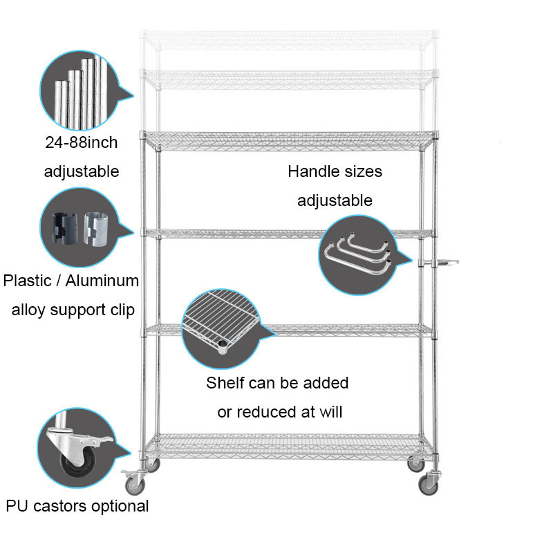 High Quality Adjustable 4 Layers Kitchen Storage Trolley Wire Shelving Trolley Cart Shelving On Wheels