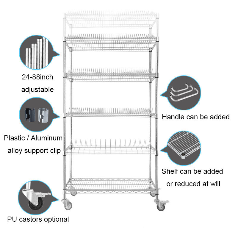 Carbon Steel SMD SMT ESD PCB Reel Shelf 5 tiers Chrome Wire Storage Shelving Rack Trolley Cart