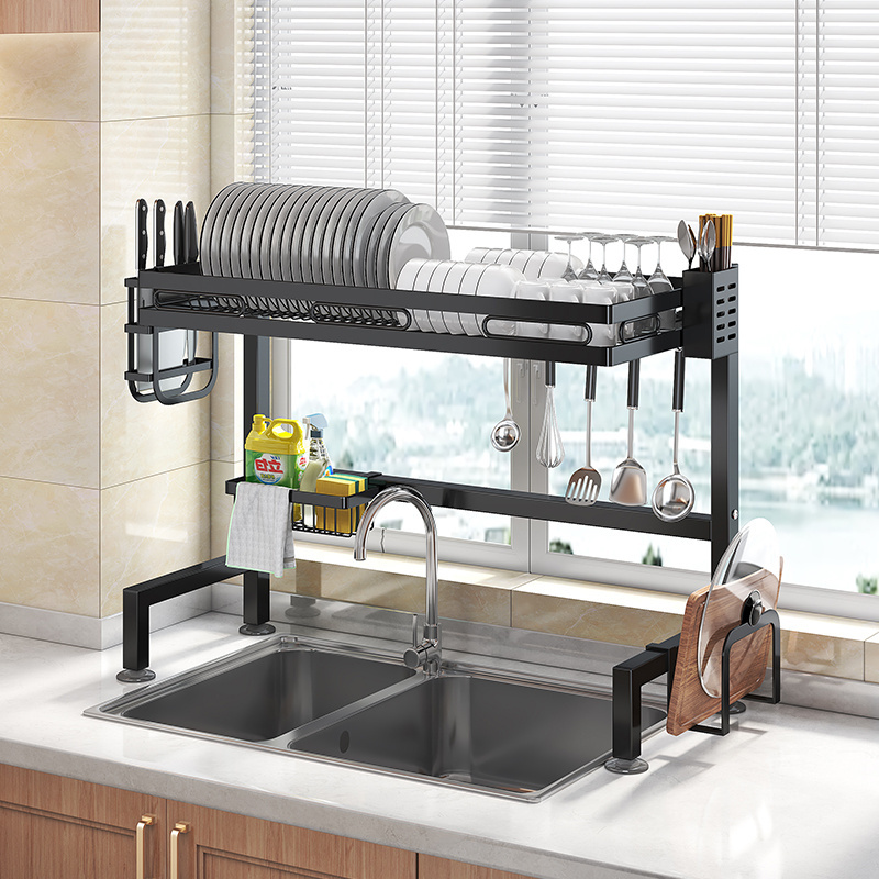 Adjustable 2 Tier Over Stainless Steel Drainer Sink Rack Plate Storage Holder Shelf Organizer Drying Kitchen Dish Rack